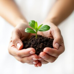 Close-up of hands holding a small green plant with soil against a white background, symbolizing environmental care and sustainability for World Earth Day.