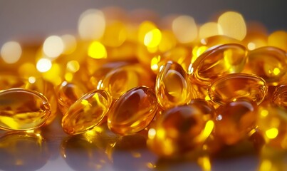 Golden capsules reflecting light health supplement.