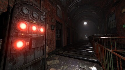 An eerie view of an abandoned corridor with glowing lights.