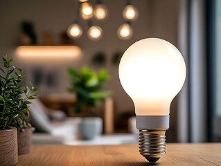 Fototapeta na wymiar Bulb glows on table in cozy living space