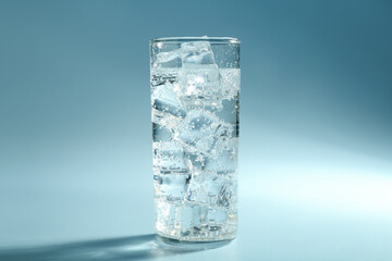 Soda water with ice cubes in glass on light blue background