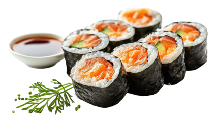 Set of Sushi Rolls with Soy Sauce and Wasabi, Isolated on White Background