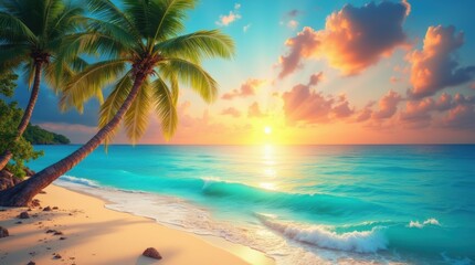 Obraz premium Vibrant tropical beach with turquoise water and sunset, capturing adventure and relaxation for World Tourism Day