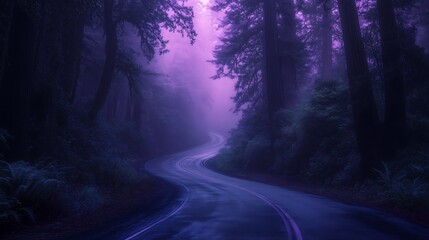 A road through the redwood forest, with purple and pink color tones, a foggy, cinematic atmosphere, dark lighting, and a dreamy, ethereal quality.
