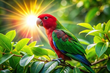 Obraz premium Vibrant Red and Green Parrot on Branch - Tropical Bird Stock Photo