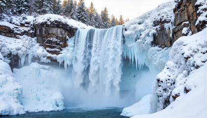 Frozen waterfall cascading over icy rocks in winter forest, natural beauty