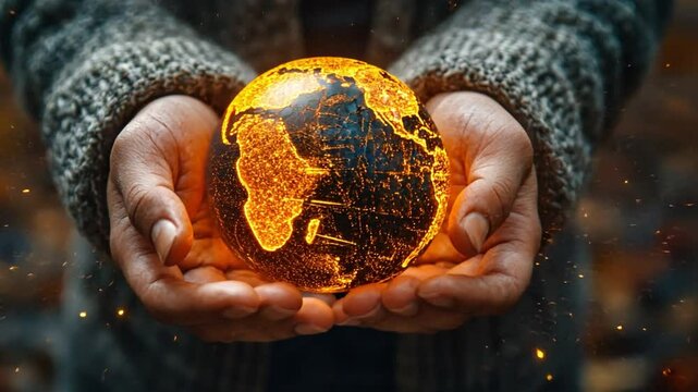 Protecting Our Planet: A person tenderly cradles a glowing globe, symbolizing environmental protection, awareness, and global unity. The image conveys the urgency of climate action, conservation.