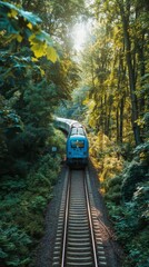 Fototapeta premium A train winds its way through an enchanting forest, surrounded by lush greenery and sun-dappled leaves that create a magical and captivating atmosphere.