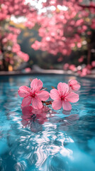 Stunning pink flowers in full bloom float over a tranquil blue pool, creating a serene, peaceful outdoor oasis. The bright, minimalist setting evokes a calm, refreshing atmosphere with soft daylight.
