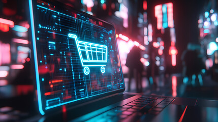 Cyber Shopping: A futuristic depiction of a laptop screen displaying a digital shopping cart icon, symbolizing the ease and accessibility of online purchasing in a vibrant and high-tech environment.