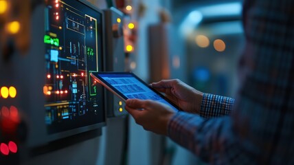 An electrician is focused on a control panel while using a tablet to monitor and adjust electrical systems in a modern facility during evening hours. The environment is well-lit with indicators