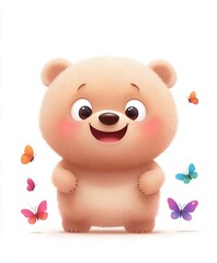 Adorable Brown Teddy Bear Cub with Colorful Butterflies on White