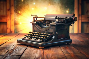 Vintage Black Typewriter on Wooden Desk - Retro Writing Office Background