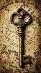 Naklejka premium A vintage key on an old map, creating an atmosphere of adventure and mystery. Sepia, aging effect, scuffs. The atmosphere of the past, retro style, historical setting.
