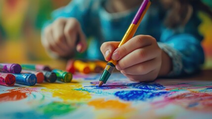 Naklejka premium Child Drawing with Colorful Crayons on Art Paper in Bright Environment