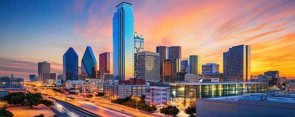 A modern city skyline during sunset with reflective glass buildings and light traffic, 8K, realistic, very detailed