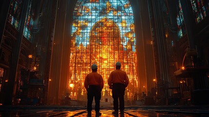 Fototapeta premium building for jesus silhouette of two workers in a church