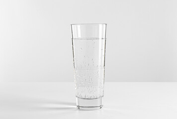 Refreshing soda water in glass on white table against light background