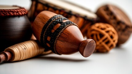 A collection of traditional musical instruments, including a hand drum with intricate weaving, wooden flutes, and percussion sticks, arranged on a white surface. The rich wooden textures and detailed 