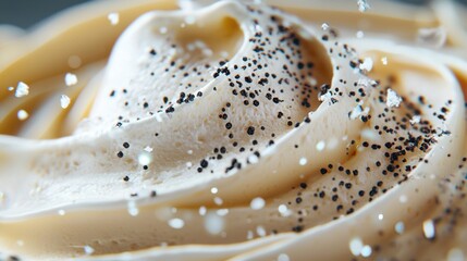 A frosted dessert with black and white sprinkles on top