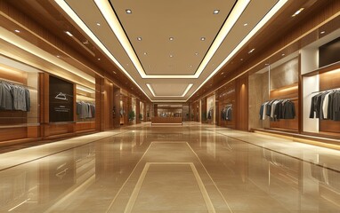 Elegant and spacious interior of a high-end men's clothing store with polished floors, wood paneling, and warm lighting showcasing designer suits and accessories