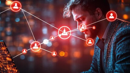 Digital Security: A focused individual, deeply immersed in a world of data, works with intensity, and connected through lines of digital security - Powered by Adobe