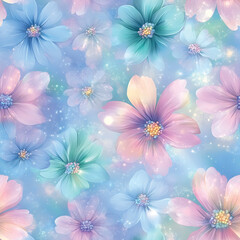 Fototapeta premium Dreamy Whimsical Floral Pattern with Sparkling Pastel Flowers.Perfect for stationery, textile prints, wallpapers, digital backgrounds, wedding invitations, and fantasy-themed designs.