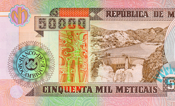Mozambique 500000 Meticais 2003 banknote with the image of Cahora Bassa hydroelectric dam and power station on Zambezi River. Mozambique money