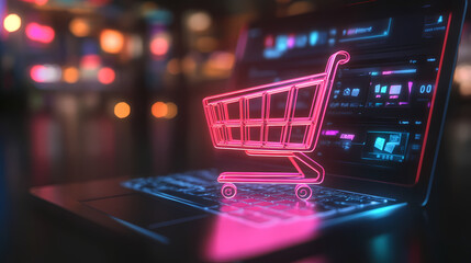 Digital Shopping Cart: An inviting image of a digital shopping cart glowing brightly on a laptop screen, highlighting the modern convenience of online shopping in a world of digital commerce.