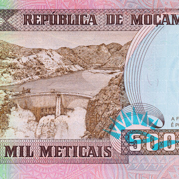Mozambique 50000 Meticais 2003 banknote with the image of Cahora Bassa hydroelectric dam and power station on Zambezi River. Mozambique money