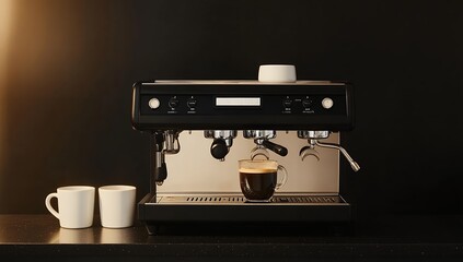 Fototapeta premium A sleek, black espresso machine prepares a rich cup of coffee, accompanied by two empty mugs