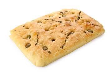 Delicious focaccia bread with olives and thyme isolated on white
