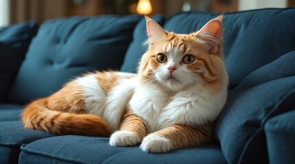 A gorgeous Scottish Fold cat with fluffy orange and white fur lounges on a dark blue sofa. Its round amber eyes gaze curiously, creating a cozy and elegant atmosphere.