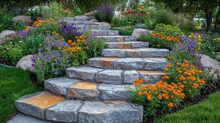 Winding stone steps through vibrant garden