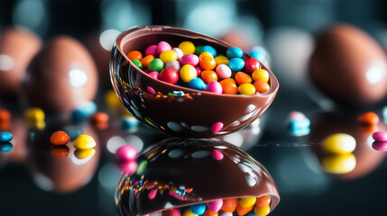 Brightly colored candies in a bowl reflect on a dark background, creating a sweet collection of confectionery and sweet treats perfect for a candy shop display.