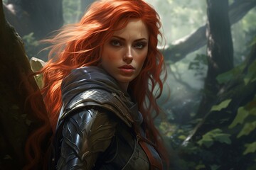 Fiery-Haired Warrior Woman in Armor Standing in a Forest