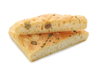 Pieces of delicious focaccia bread with olives and thyme isolated on white