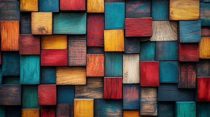 Vibrant abstract aged wood texture with stacked wooden blocks on a wall. A colorful, artistic architectural background featuring rich textures and layered wooden elements for creative designs