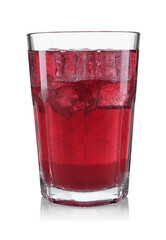 Sweet soda water with ice cubes in glass isolated on white