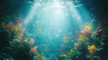 Underwater coral reef scene with sunbeams.