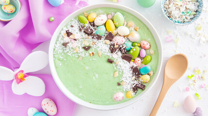 A festive spring celebration with pastel colors, colorful eggs, decorative eggs, spring decor, holiday table, and spring holiday theme.