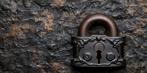 An antique padlock resting against a textured stone background.