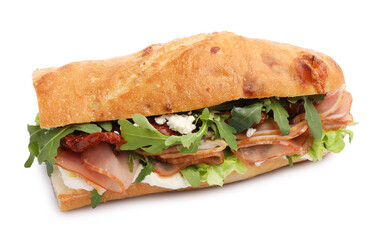 Baguette sandwich with ham and sun dried tomatoes isolated on white