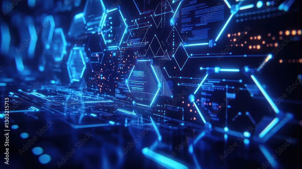 Poster abstract digital data flow with glowing hexagons and lines.
