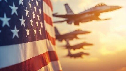 American Flag Waving with Military Jets in Formation at Sunset – Symbol of Patriotism and Strength