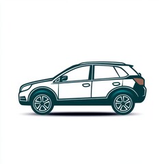 Obraz premium Side profile of a white SUV on a white background, illustrated in a minimalist style with dark teal accents. 