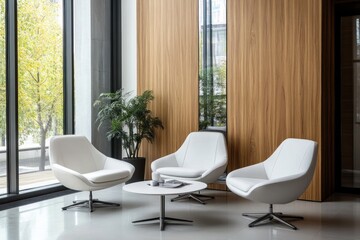 Modern waiting area with city views, comfortable seating, and warm tones