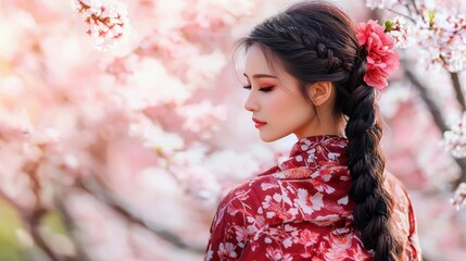 A woman wearing a red dress with a flower in her hair