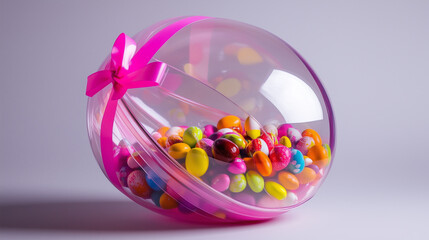 A cheerful, whimsical glass bowl filled with colorful sweets, perfect as a playful party favor for a bright, joyful special occasion.
