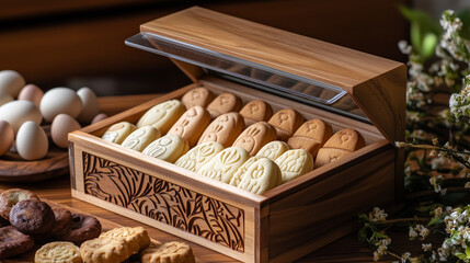 Close-up of a rustic wooden box filled with delicious sweet bakery treats and snacks, perfect for food photography and dessert lovers.
